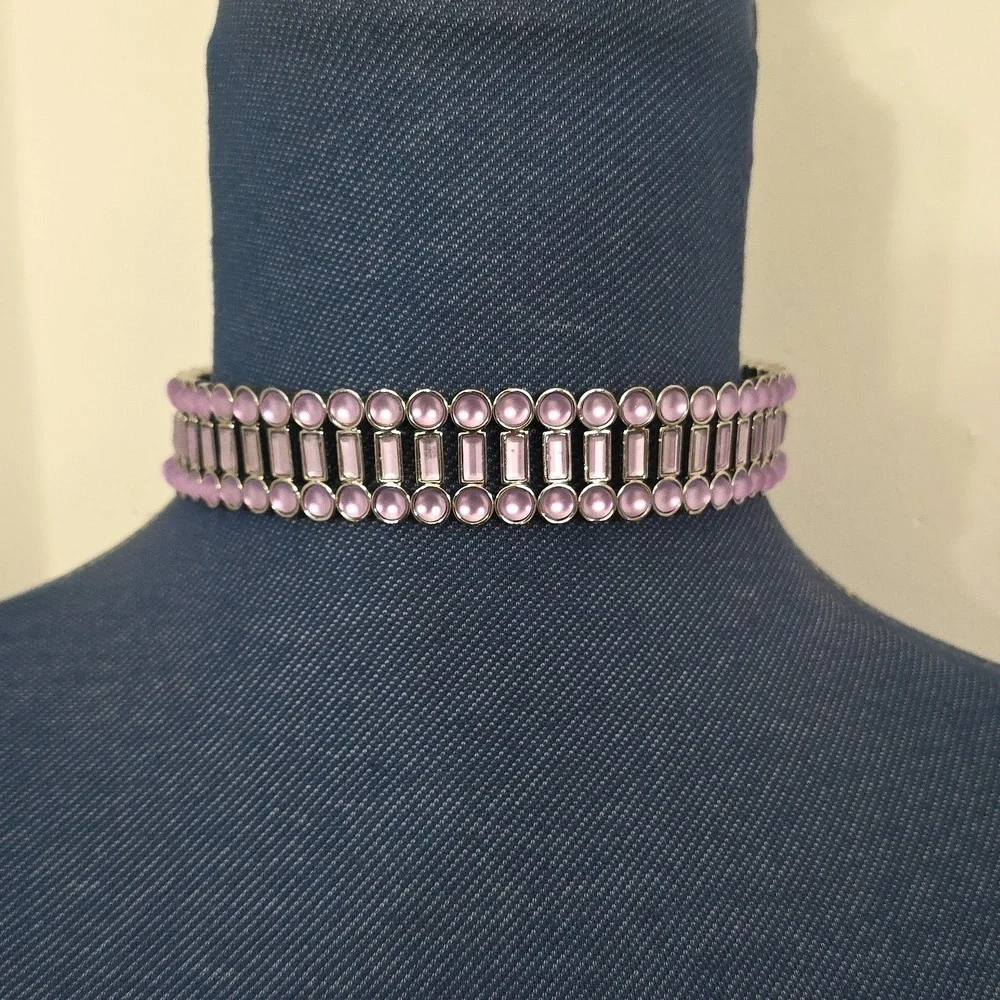 Silver and Purple Flexible Choker Necklace with Matching Open Cuff Bracelet